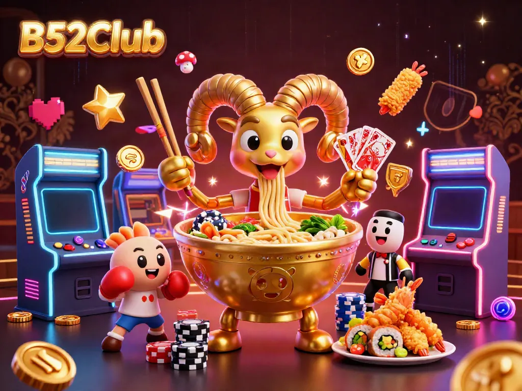 Experience the excitement at B52Club with a vibrant 3D illustration of a dynamic casino scene.