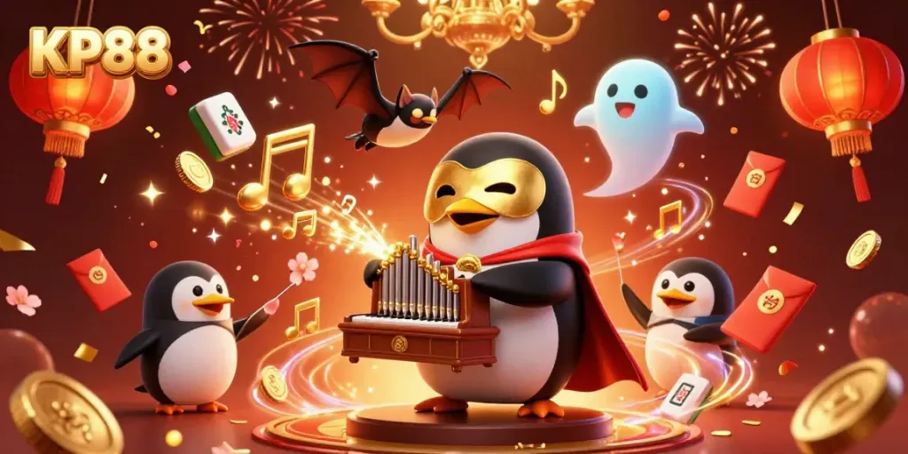Experience the thrilling atmosphere of KP88 as a phantom penguin plays an organ shooting coins in a vibrant casino scene.