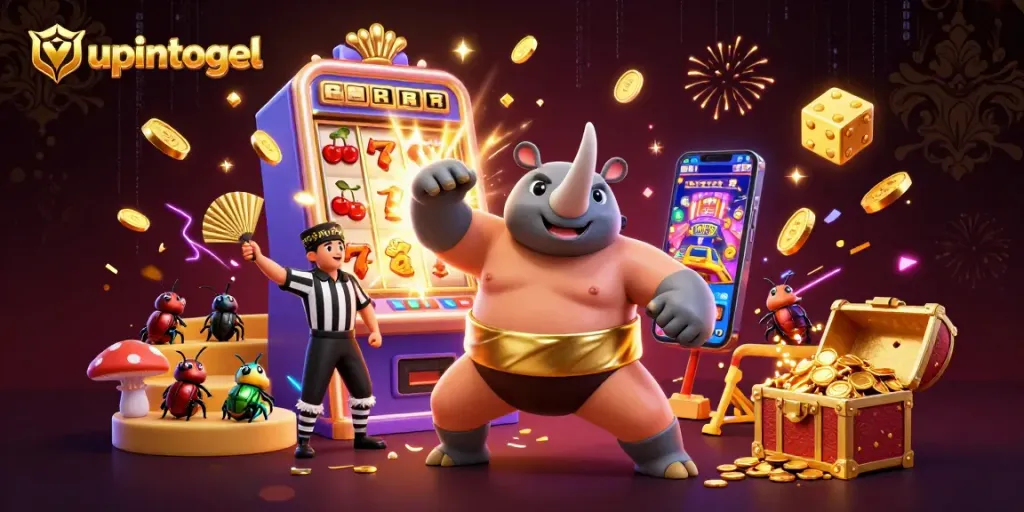Permainan slot menghasilkan koin emas dengan upintogel dalam suasana kasino yang meriah.