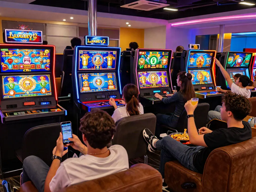 luxury12 online gaming experience with players celebrating wins in a vibrant slot lounge