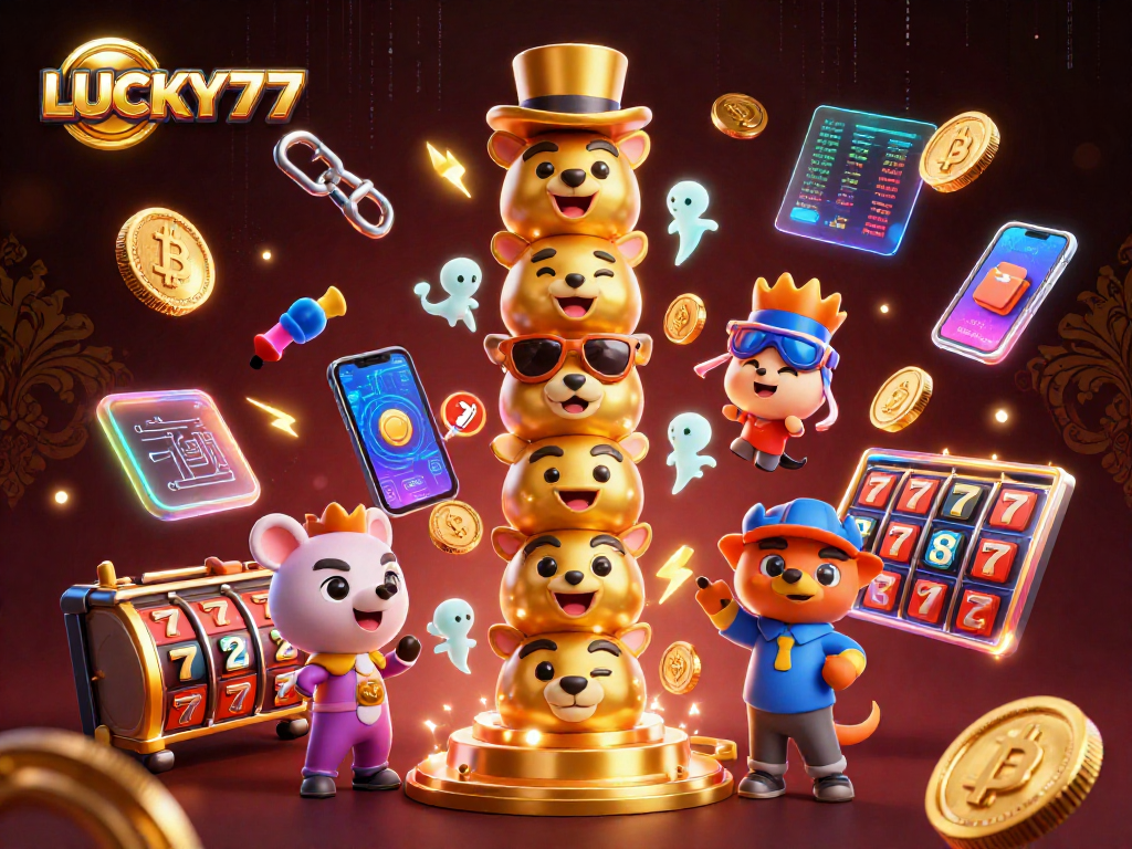 Engage with LUCKY77 slots, featuring a vibrant 3D totem and dynamic casino elements.