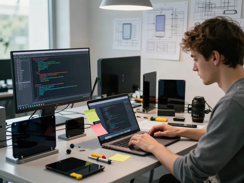 A80 smartphone development workshop with a young engineer coding amidst tools and components.
