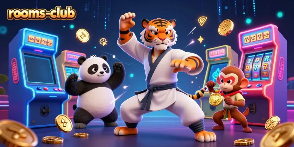 Permainan slot online di rooms-club dengan karakter berwarna cerah dan elemen kasino lainnya.