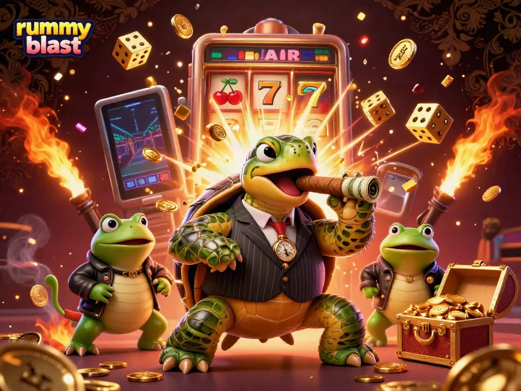 Play rummy blast with a thrilling cartoon illustration of a turtle and bullfrogs amidst a vibrant casino atmosphere.