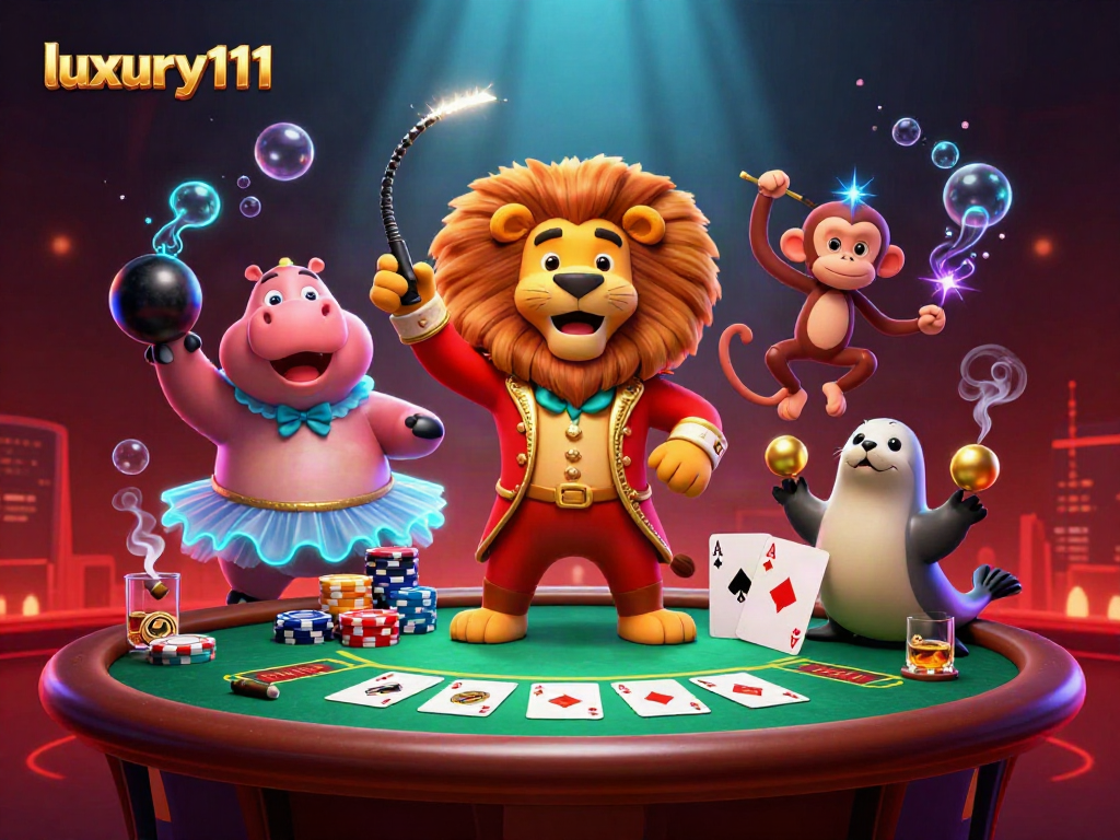 Play poker with luxury111's vibrant circus scene featuring a lion, hippo, monkey, and seal.