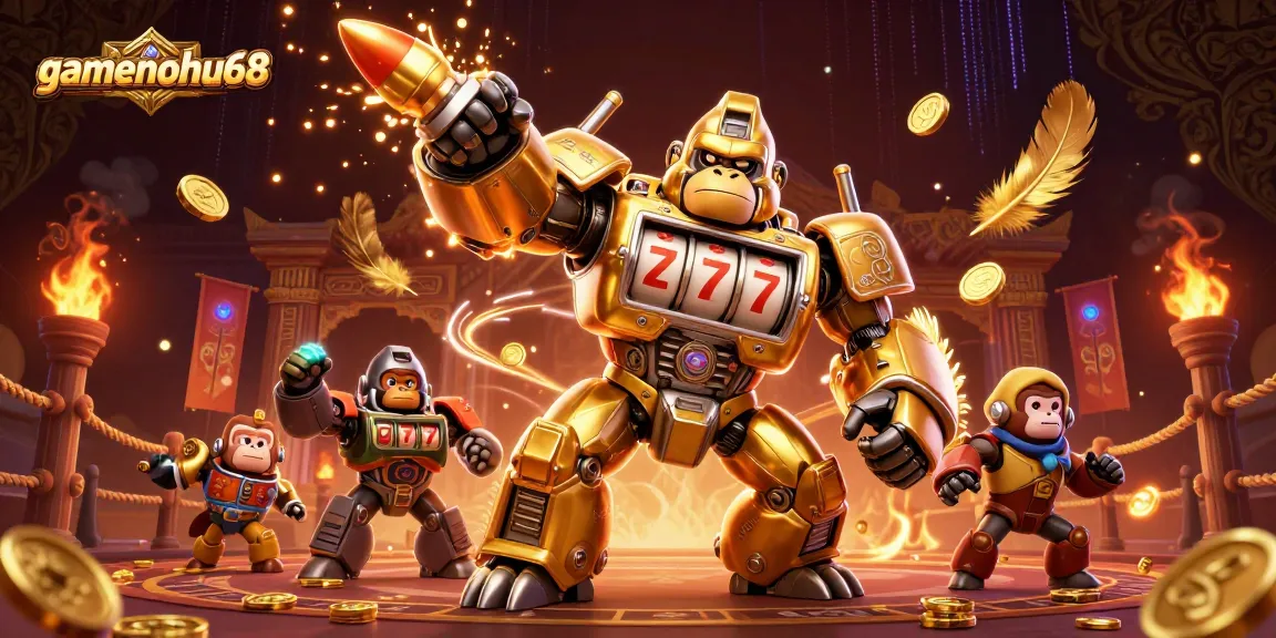 Engage with gamenohu68’s thrilling gaming scene featuring a golden gorilla mech and vibrant casino elements.