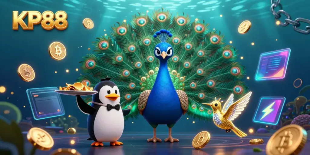 Spin and win with KP88 at a vibrant casino scene featuring a peacock, penguin, and hummingbird.