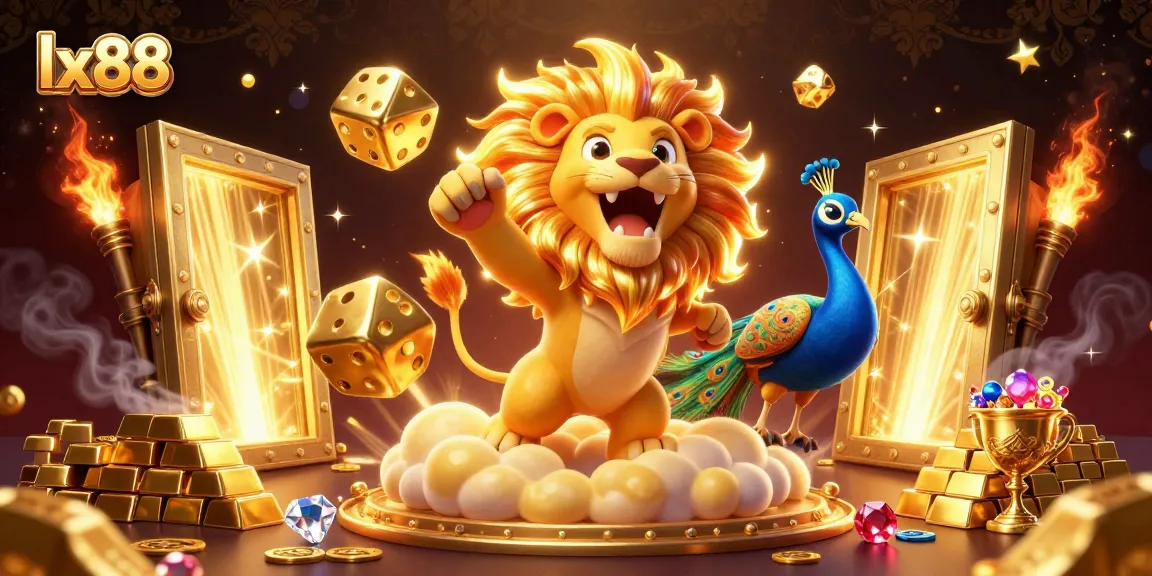 Engage with the vibrant lx88 casino world, a roaring lion and dazzling gold elements create excitement.