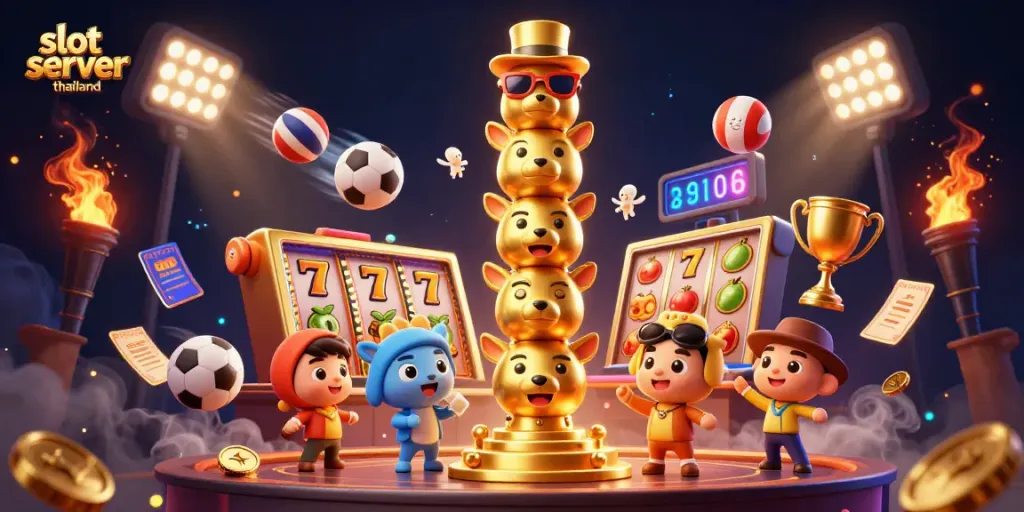 Experience thrills at slot server thailand with a vibrant scene filled with animated slots and dynamic gaming elements.