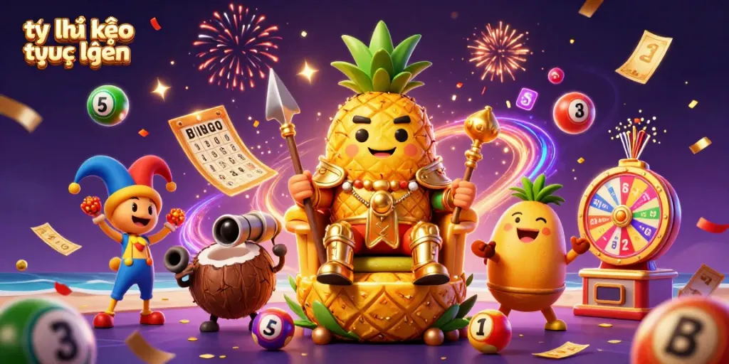 Engage with tỷ lệ kèo trực tuyến in a vibrant casino scene featuring a golden pineapple king and festive elements.