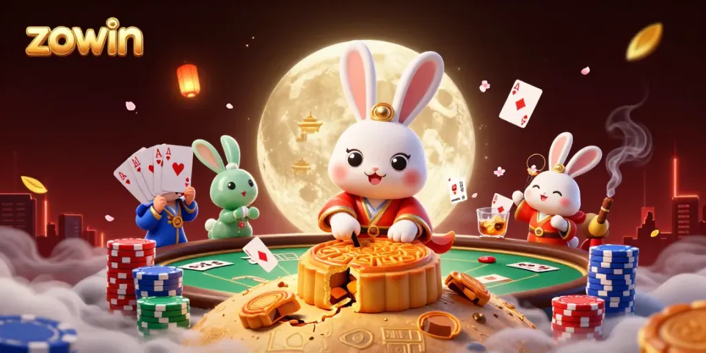 Zowin players enjoying a vibrant poker game with charming moon rabbits and casino elements in a magical atmosphere.