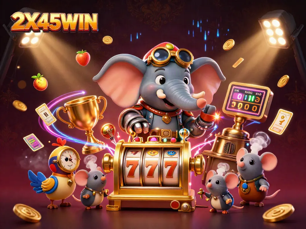 2X45WIN meraih kemenangan dengan slot machine emas dan karakter steampunk yang dinamis.