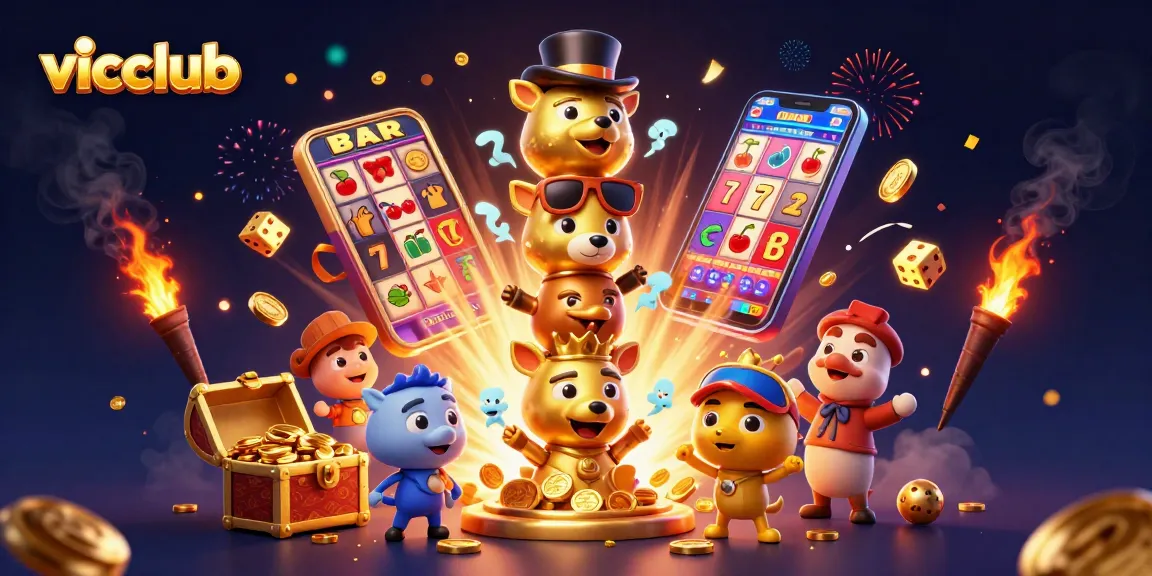 Play exciting slots with vicclub's colorful and dynamic casino scene illustration.