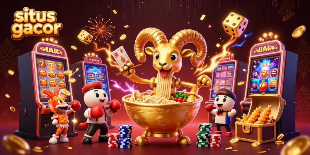 Ilustrasi kasino 3D situs gacor dengan karakter ramen dan elemen permainan slot yang penuh warna.
