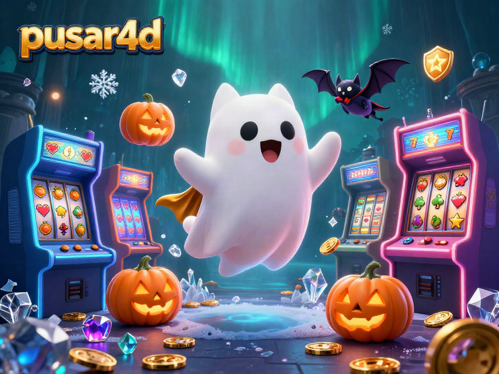 Permainan seru pusar4d dalam ilustrasi kasino hantu terlihat jelas dengan kucing hantu dan kelelawar bersinar.