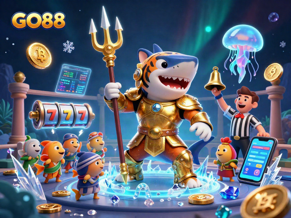Engage in thrilling gameplay at GO88 with a dynamic underwater scene showcasing a gladiatorial shark and slot machines.