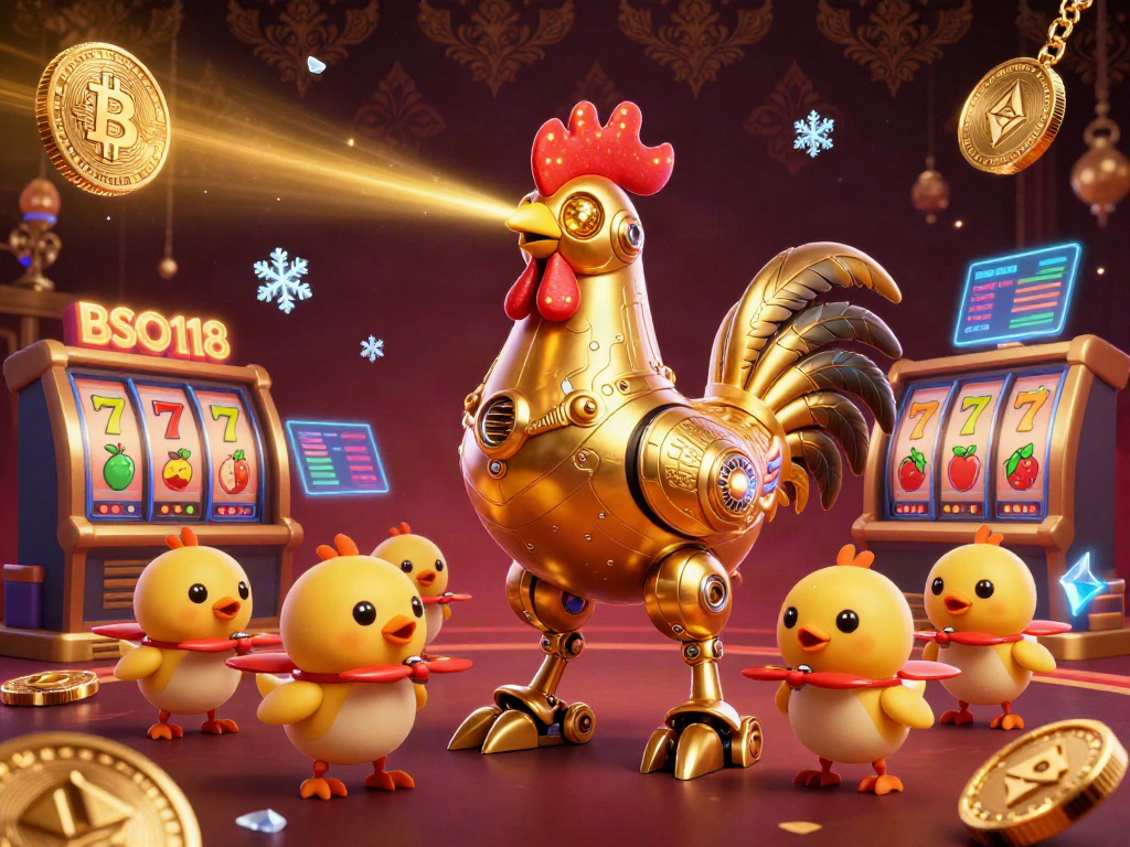 Engage in the thrilling casino adventure encapsulated in BSO118's dynamic scene with colorful slot elements and cryptocurrency.