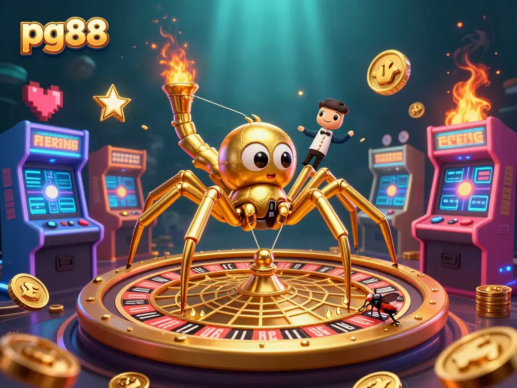 Engage with pg88 through a vibrant 3D illustration, showcasing a golden spider and croupier in an exciting gambling scene.