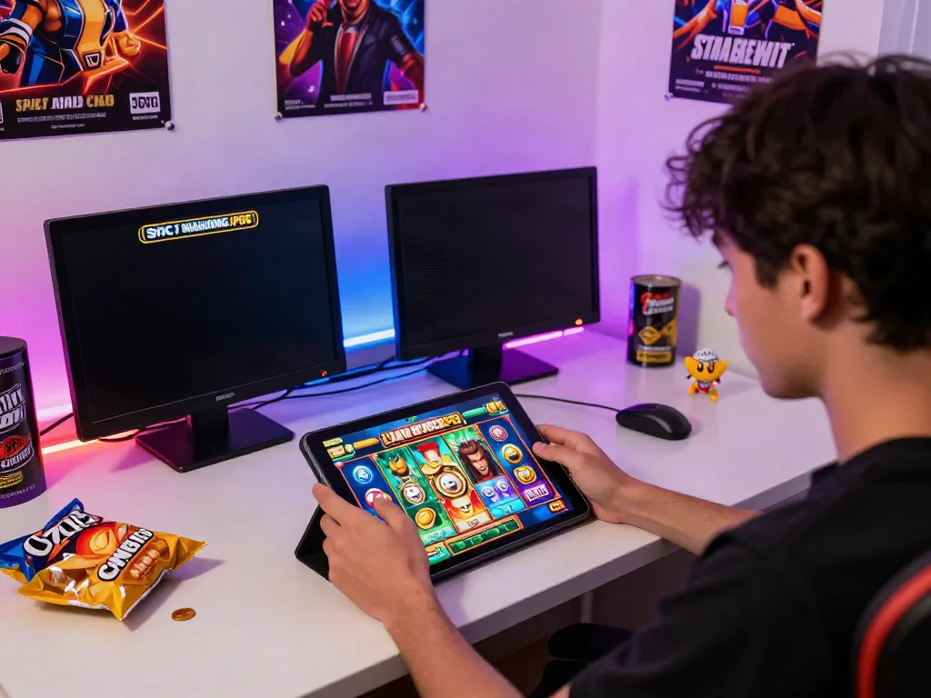 Player enjoying Slot MAHJONGJP88 on a tablet in a vibrant gaming room.