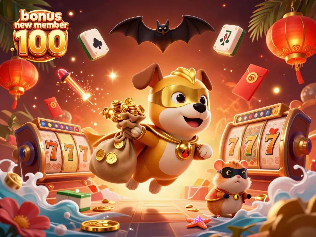 Experience the thrill with bonus new member 100 featuring slot reels and cartoon characters.