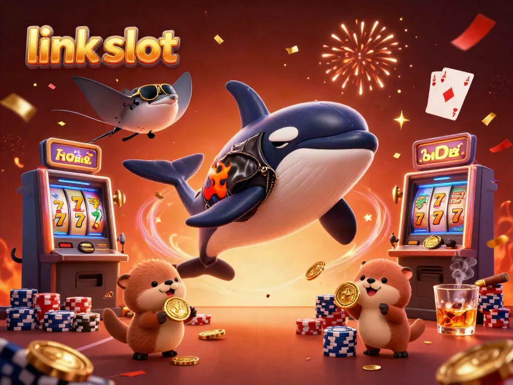 Experience thrilling gameplay with this vibrant illustration featuring a link slot scene with an orca, stingray, and otters.