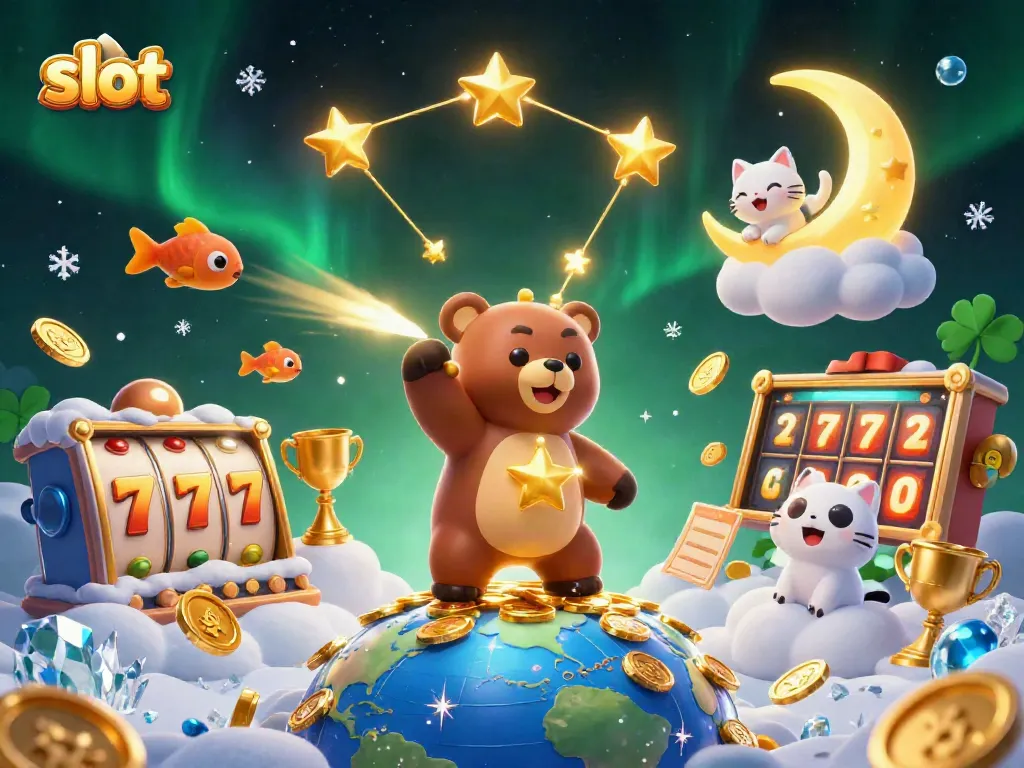 Experience thrilling slot gameplay with the constellation bear and lucky symbols in a captivating night sky.