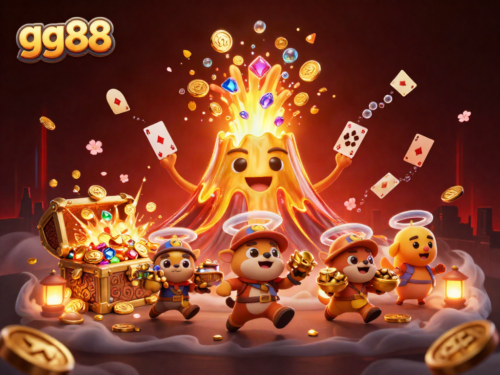 Experience thrilling treasure adventures with gg88, featuring a golden volcano amidst exploding gems.