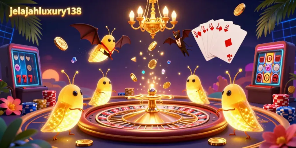 Experience thrilling gaming with jelajahluxury138's vibrant casino scene illuminated by glowworms.
