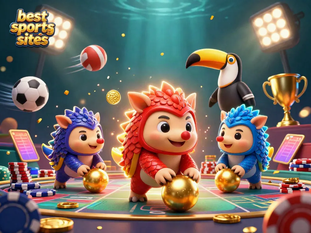Engaging scene showcasing the best sports betting sites with cartoon pangolins and dynamic sports elements.