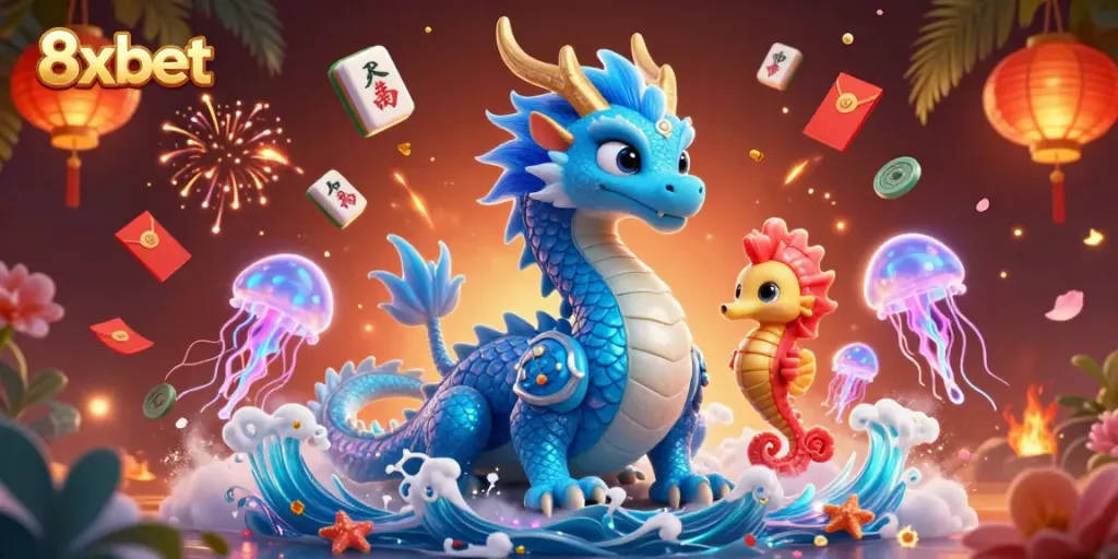 Experience the excitement of 8xbet with a vibrant 3D casino-themed scene featuring fantastical characters.