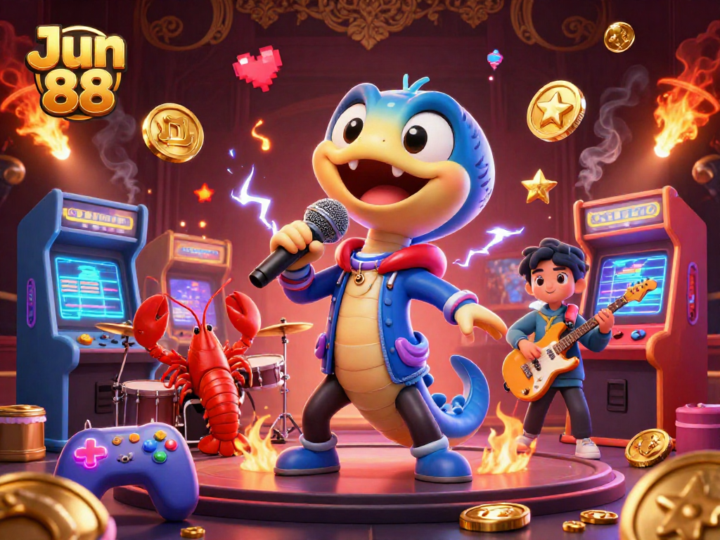 Jun 88 celebrates wins with electric eel DJ at an underwater casino stage packed with vibrant gaming elements.