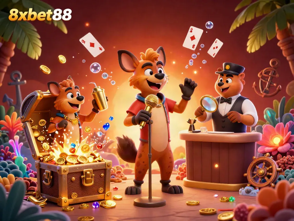 Engage with 8xbet88's vibrant casino scene featuring hyenas in action, showcasing humor and excitement in gambling.