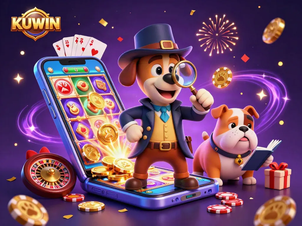 Spin for excitement in KUWIN's vibrant 3D casino adventure filled with poker chips and games.