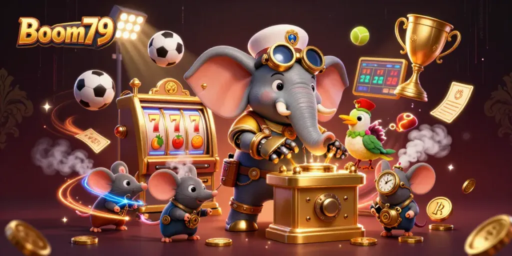 Experience thrilling gameplay in Boom79 with a steampunk elephant and dazzling slot mechanics.