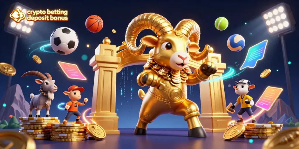 Engage with the crypto betting deposit bonus through an exciting illustration featuring a golden ram and dynamic sports balls.