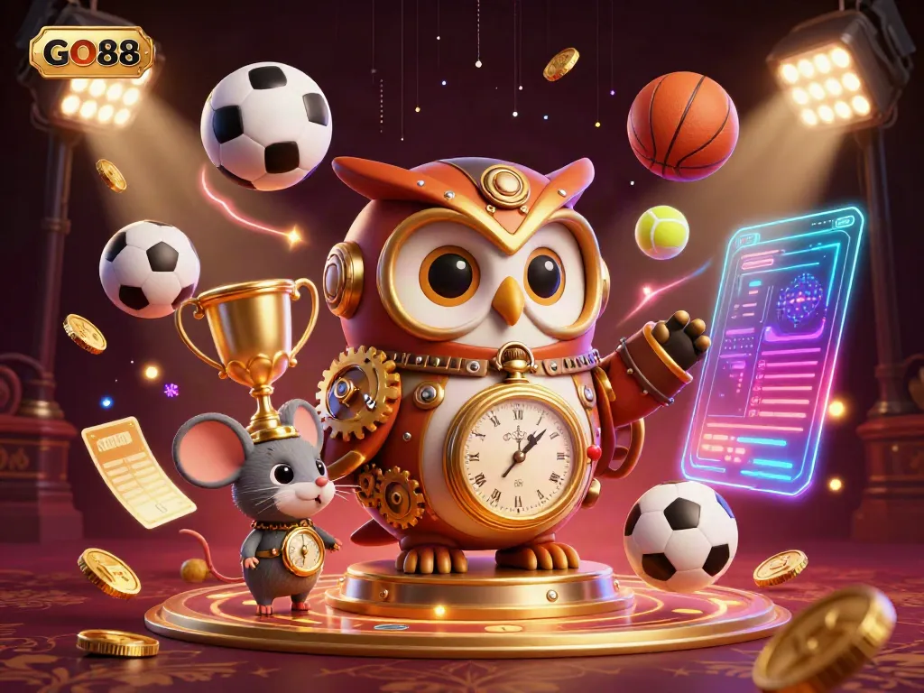 Experience the vibrant world of GO88 with a steampunk owl and exciting casino elements in a dynamic 3D illustration.