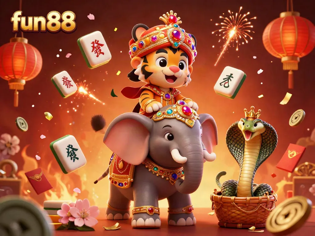 Experience fun 88 in a vibrant casino scene with a maharaja tiger, jewel styles, and festive elements.