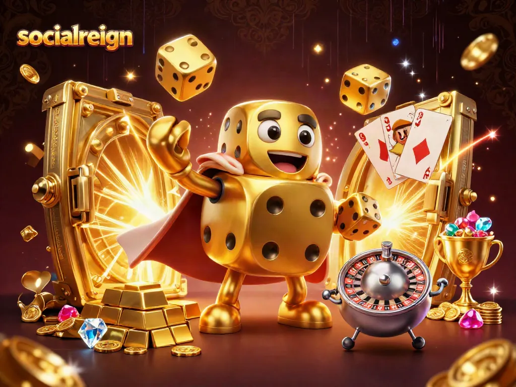 Sparkle and win big with socialreign as golden dice charm gamblers in a vibrant casino scene.