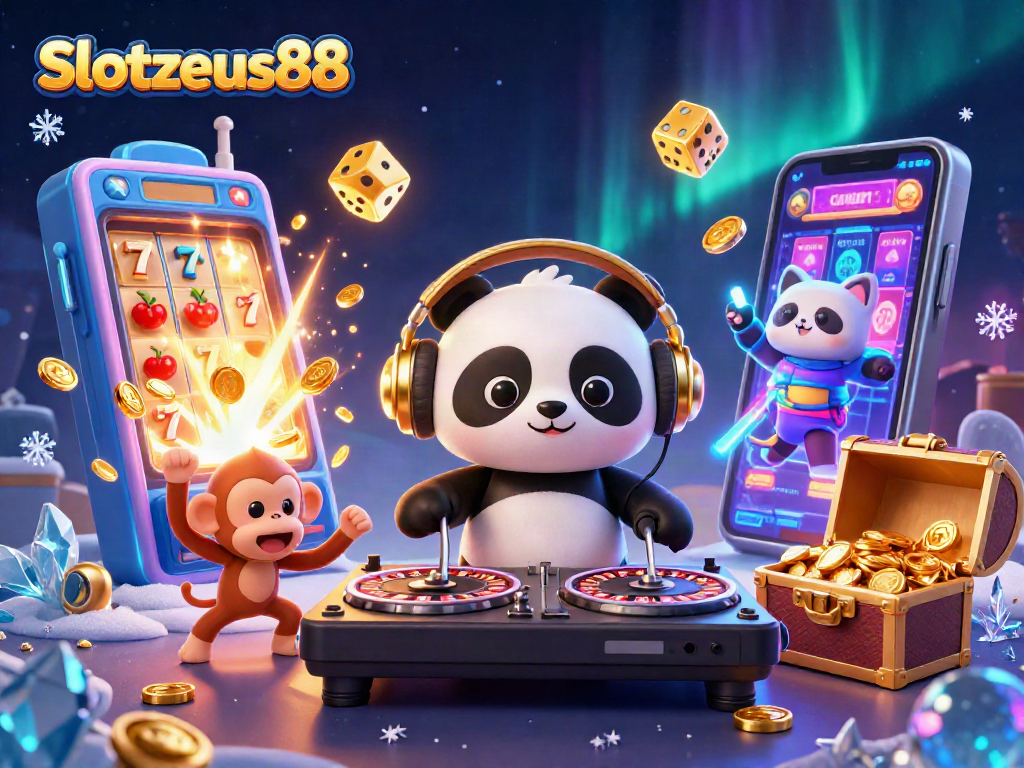 Engage in Slotzeus88's vibrant casino world with characters celebrating big wins and colorful game elements.