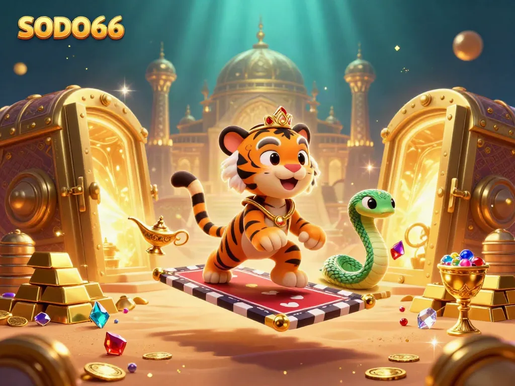 Experience SODO66's vibrant casino adventures with a magical tiger sultan and treasures in this 3D art.