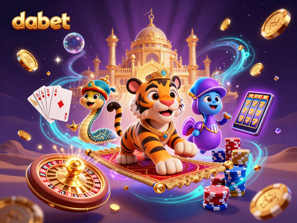 Experience dabet’s vibrant casino world with a tiger sultan and magical elements amidst a golden palace.