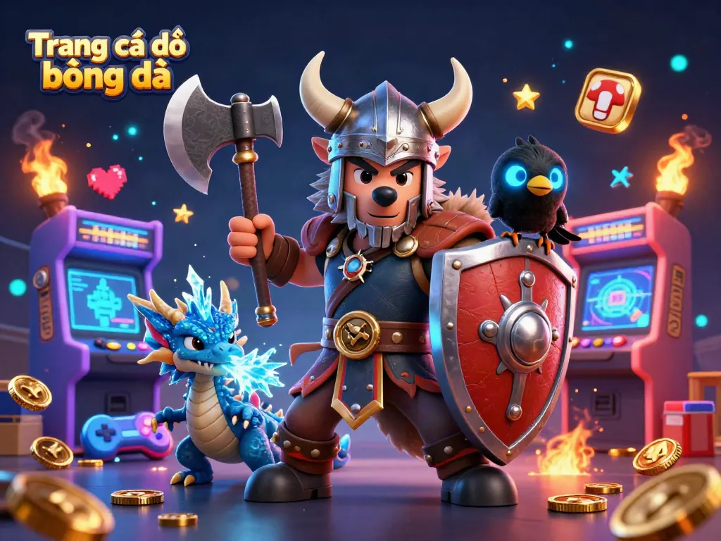 Experience Trang cá độ bóng đá through an engaging 3D illustration featuring a Viking wolf warrior and dragon in a dynamic sports betting scene.
