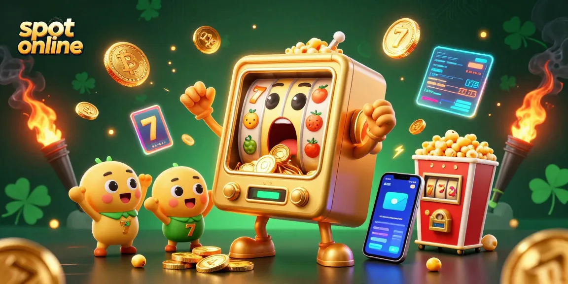Permainan slot online dengan mesin slot emas yang mengejutkan saat mendapatkan jackpot, dikelilingi koin kripto.