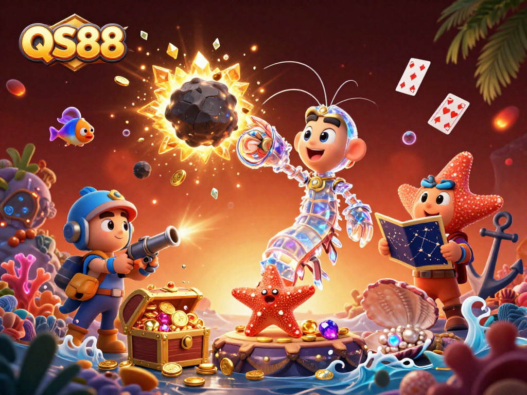 Experience the thrilling action at QS88 with a galactic mantis shrimp amidst exploding treasures in a vibrant casino setting.