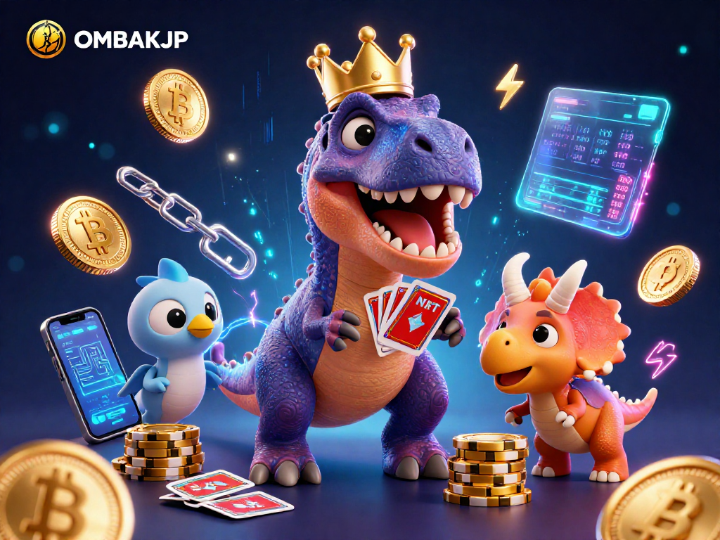 Experience OMBAKJP with T-Rex and friends playing cards in a vibrant casino scene
