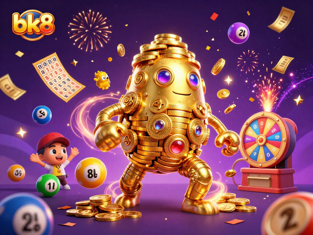 Experience the excitement of bk8 with a vibrant casino-themed digital illustration filled with lottery and gaming elements.