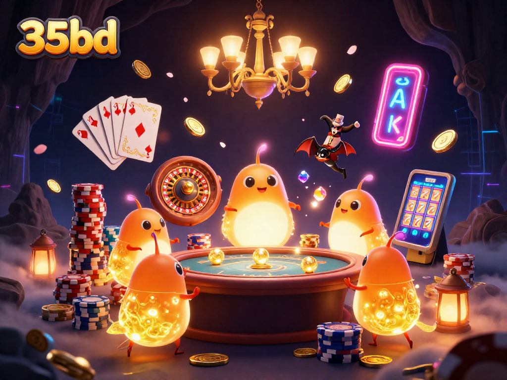 Experience the thrill of gambling at 35bd with vibrant glowworms and casino elements in a lively cave setting.