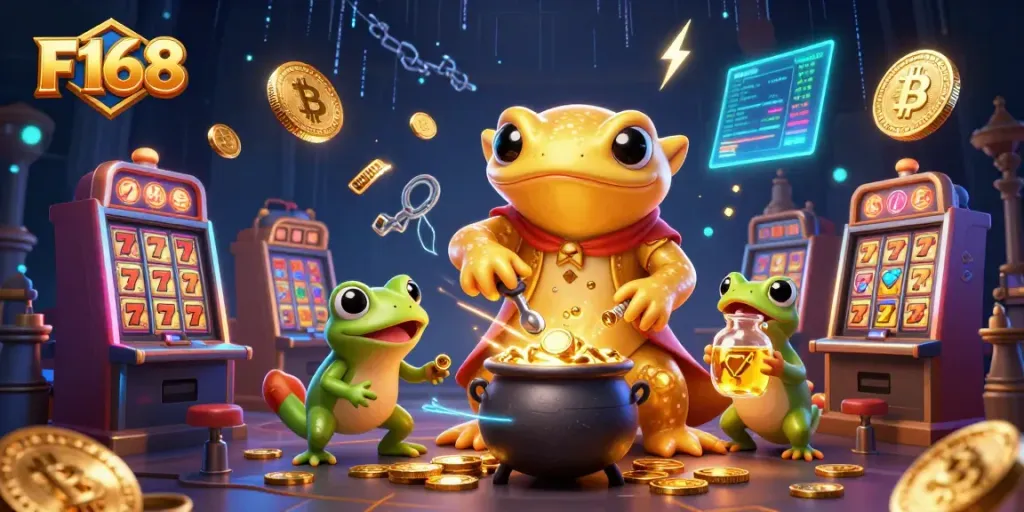 Join F168 at the casino with a golden salamander alchemist transforming base metals into gold coins while surrounded by games.
