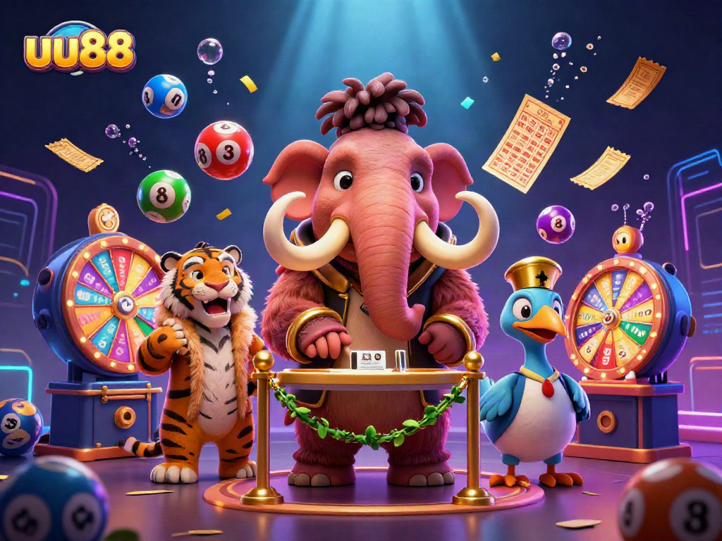 uu88 theme casino scene featuring a woolly mammoth bouncer, saber-tooth tiger guest, and dynamic lottery elements.