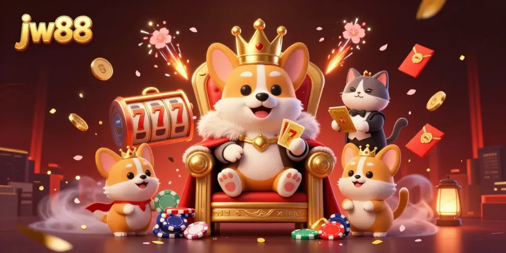 Engage in thrilling gaming experiences with jw88, featuring a royal corgi surrounded by slot reels and festive elements.